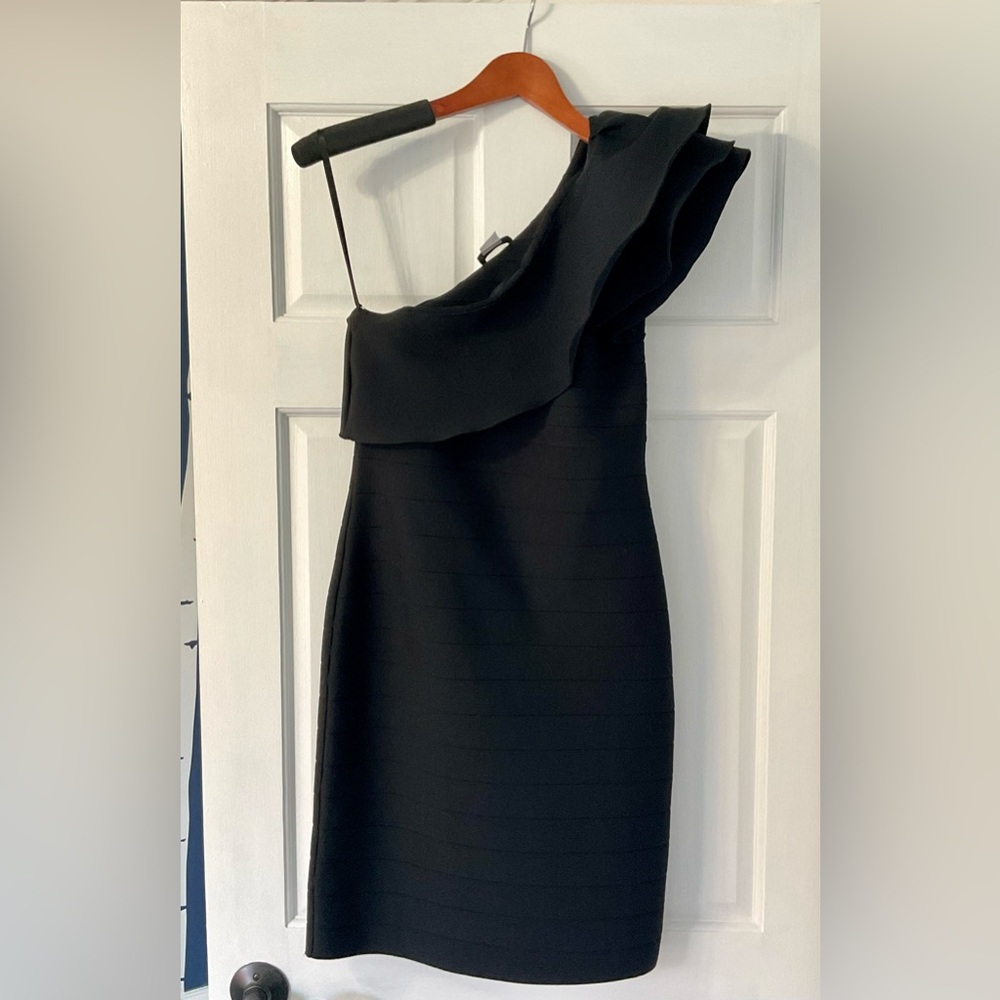 Venus - Black Bandage One Shoulder Ruffled Cocktail Party Formal Black Tie Dress